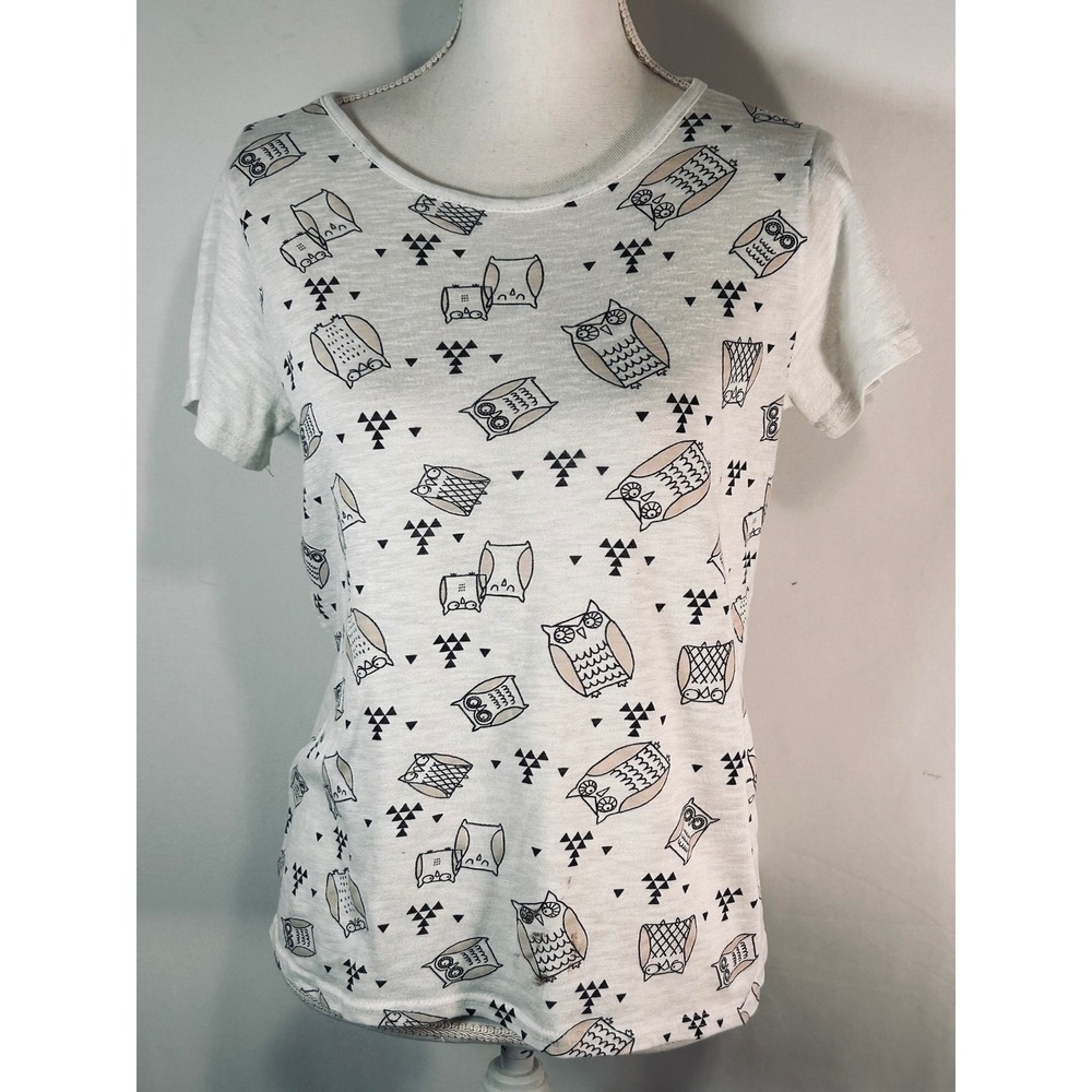 De. Collection Womens Owl Print Short Sleeve Slub Knit T-Shirt White Small‎